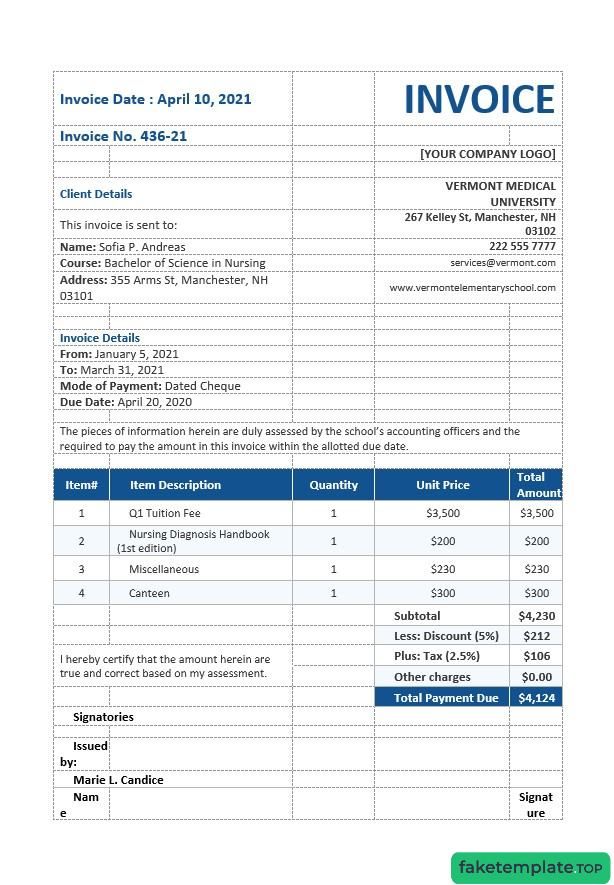 Feature of fake Nursing School invoice example